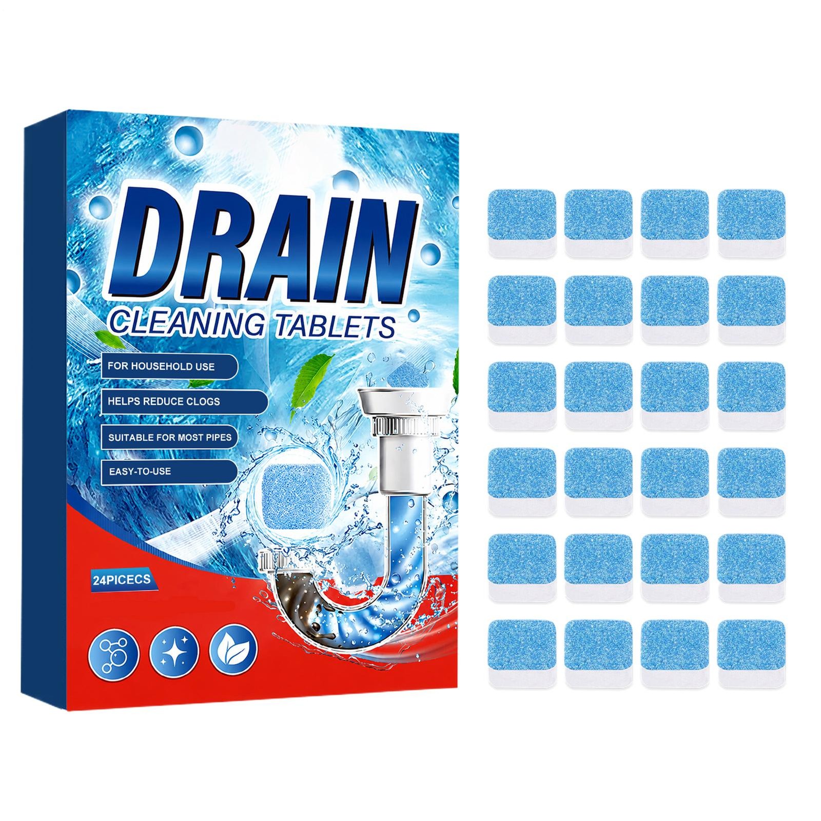 Drain Cleaner Tablets 24 Pieces Powerful Safe Prevents Clogs Household Sinks