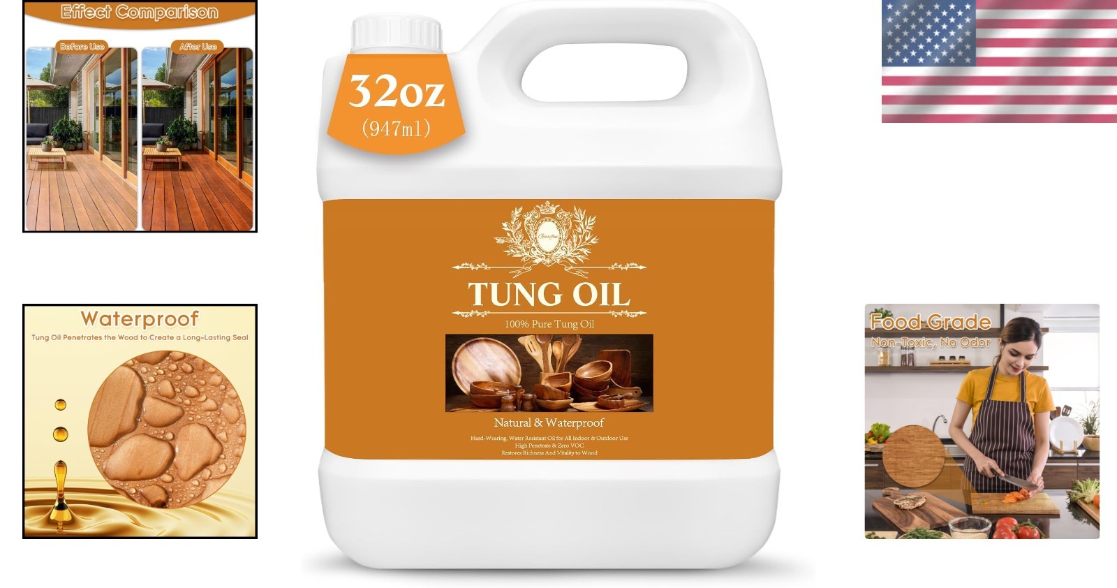 100% Pure Tung Oil Wood Sealer Food Safe Waterproof Finish for Outdoor Furniture
