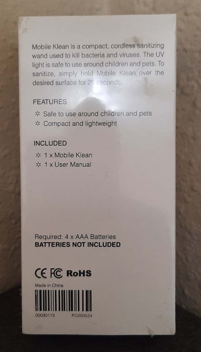 Mobile Klean Portable Sanitizing Wand- New in box and plastic packaging.