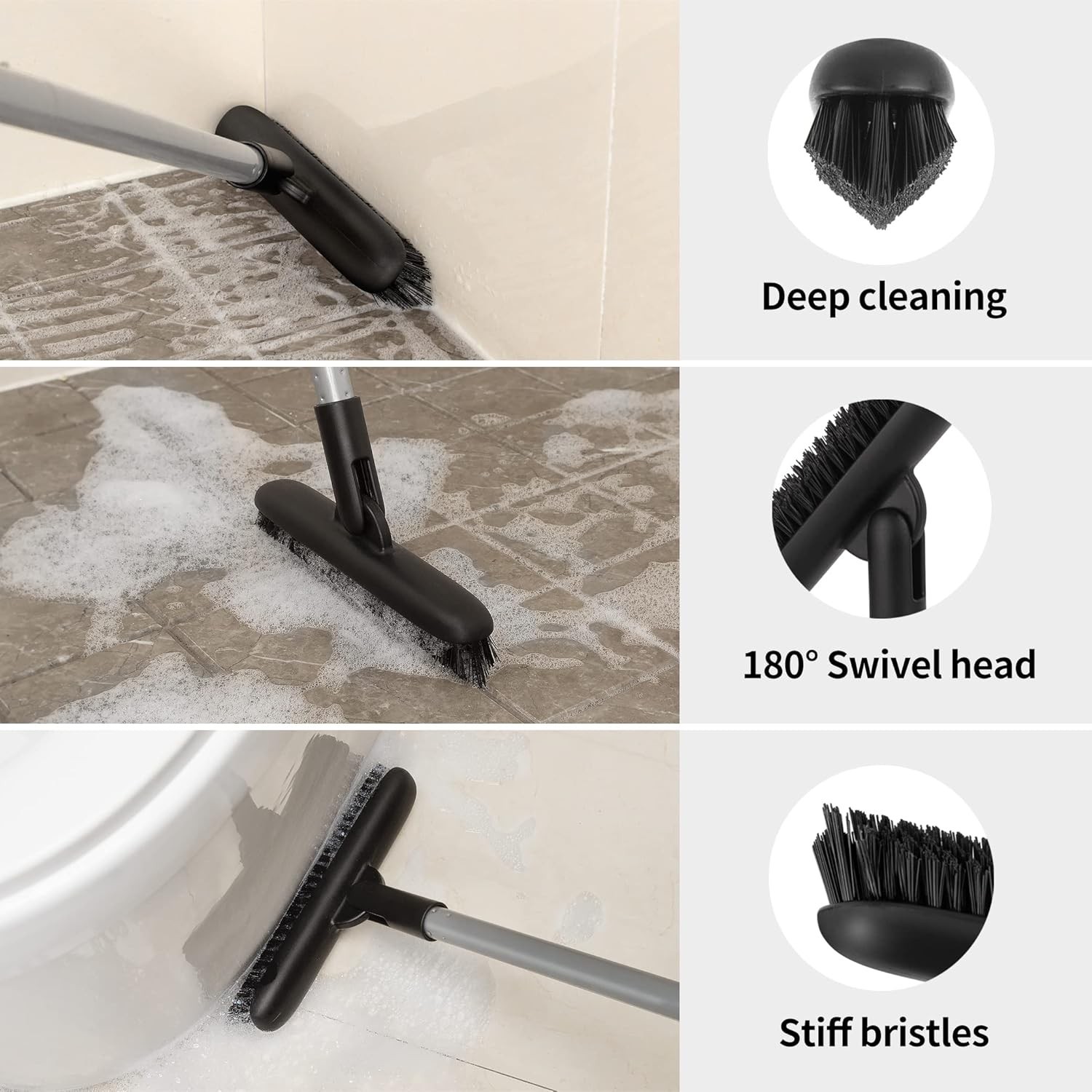 Heavy Duty Grout Scrub Brush with Long Handle, Shower Floor Scrubber for Clea…