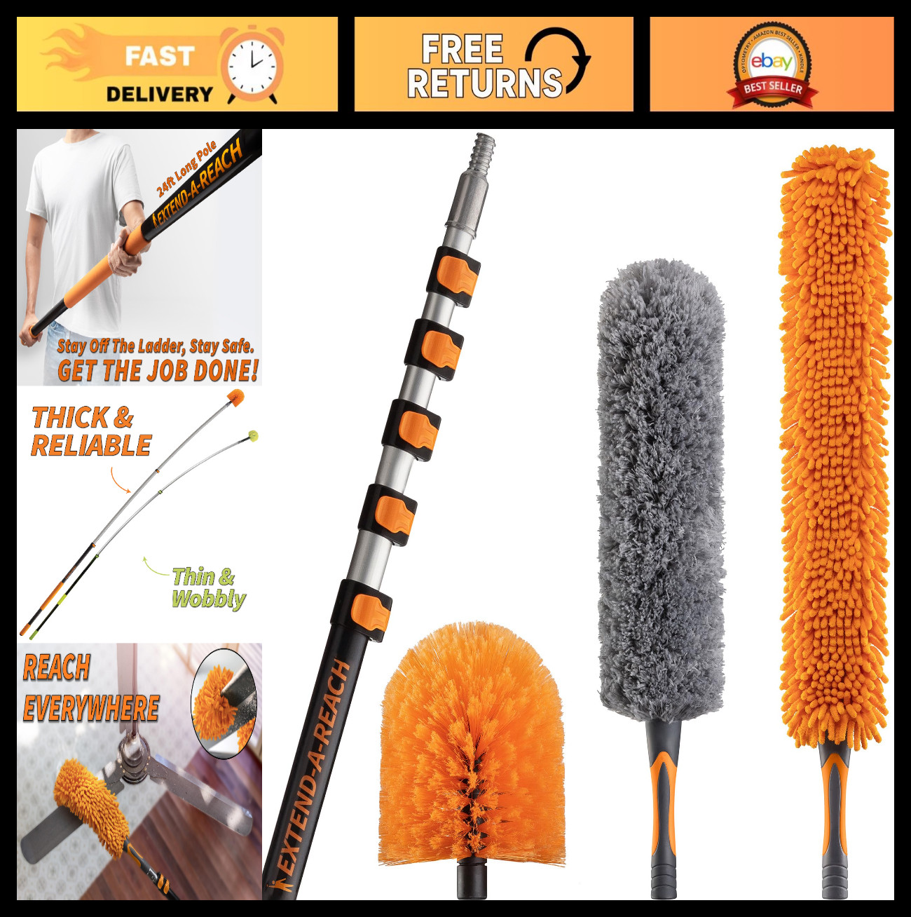 30ft High Reach Duster Kit with Telescopic Pole – Cobweb & Ceiling Fan Cleaner