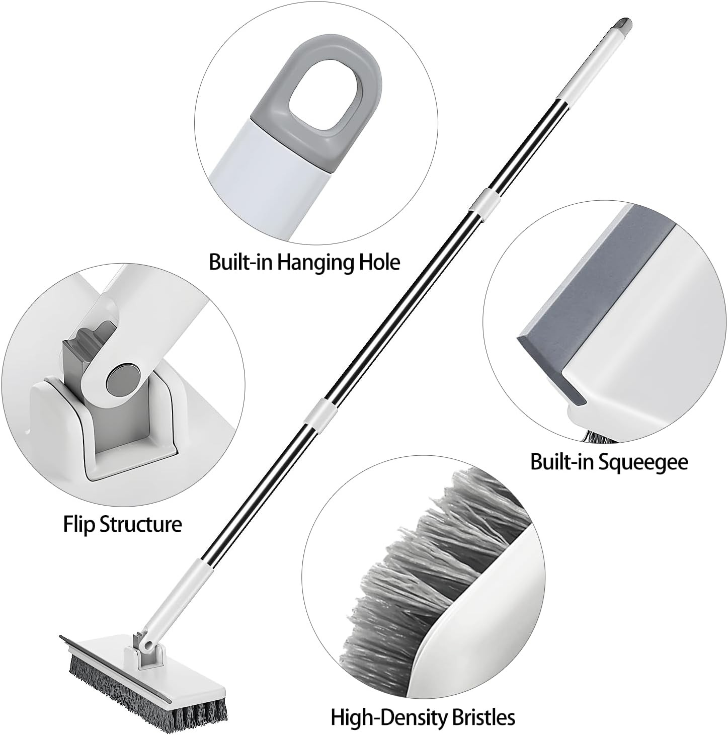 Floor Scrub Brush with 55″ Long Handle, 2-In-1 Floor Brush with Built-In Squeege
