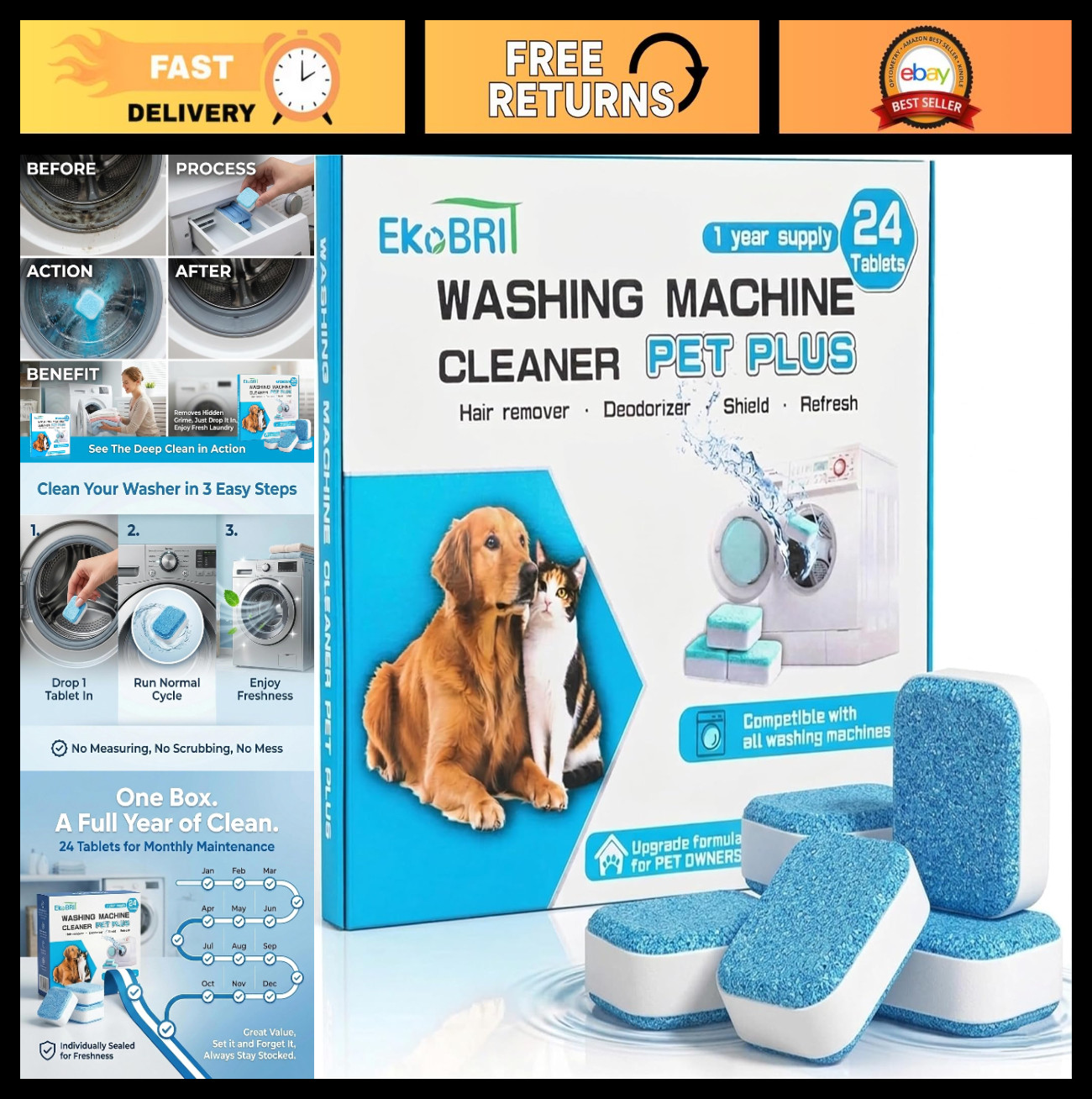 24 Enzyme Washing Machine Cleaning Tablets – Deep Clean Pet Hair, Top/Front Load