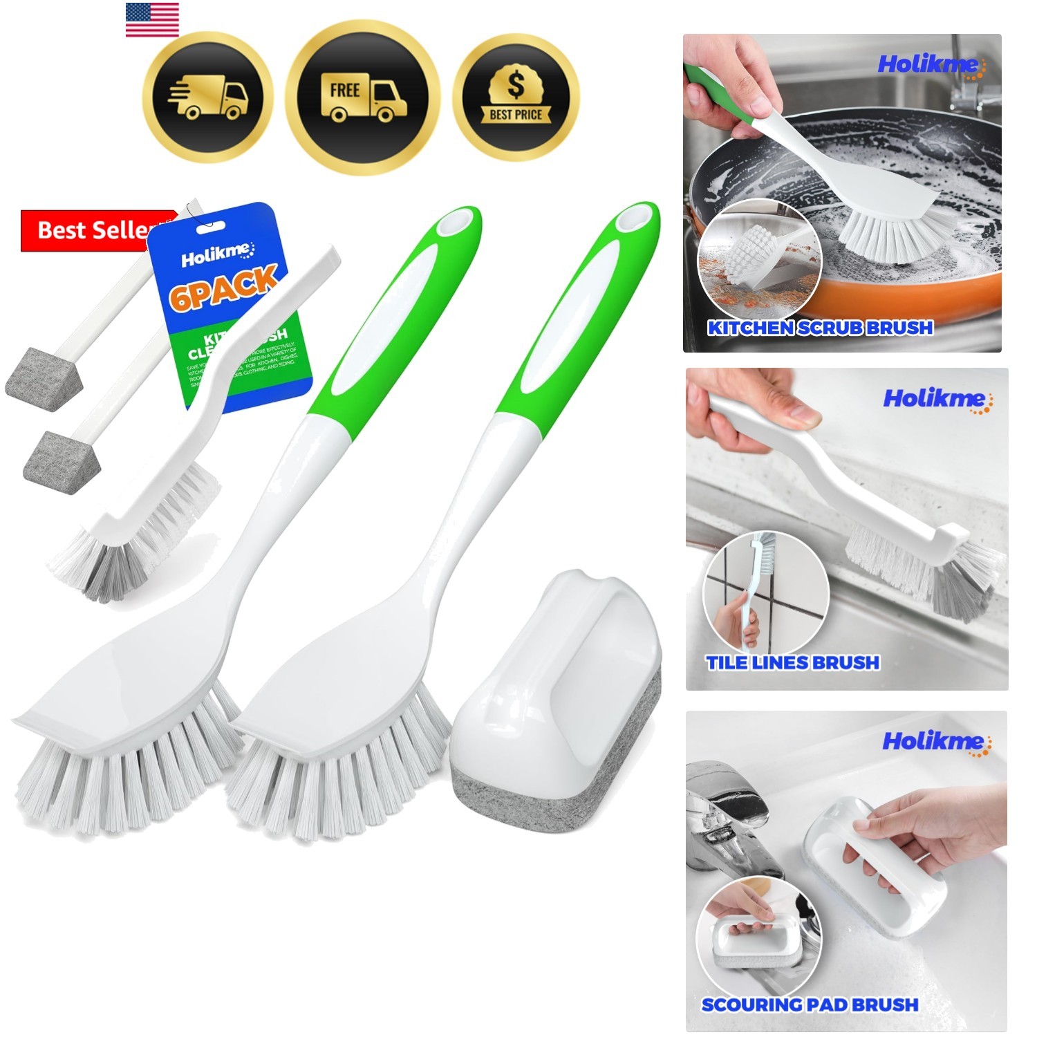 6 Pack Dish Brush with Handle Kitchen Cleaning Brush Set for Pot, Pan, Kitche…