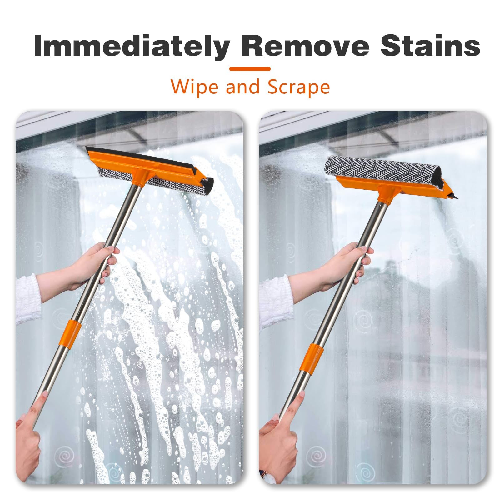 15.9″ Window Squeegee with Extension Pole – 2-in-1 Glass Cleaner and Sponge S…