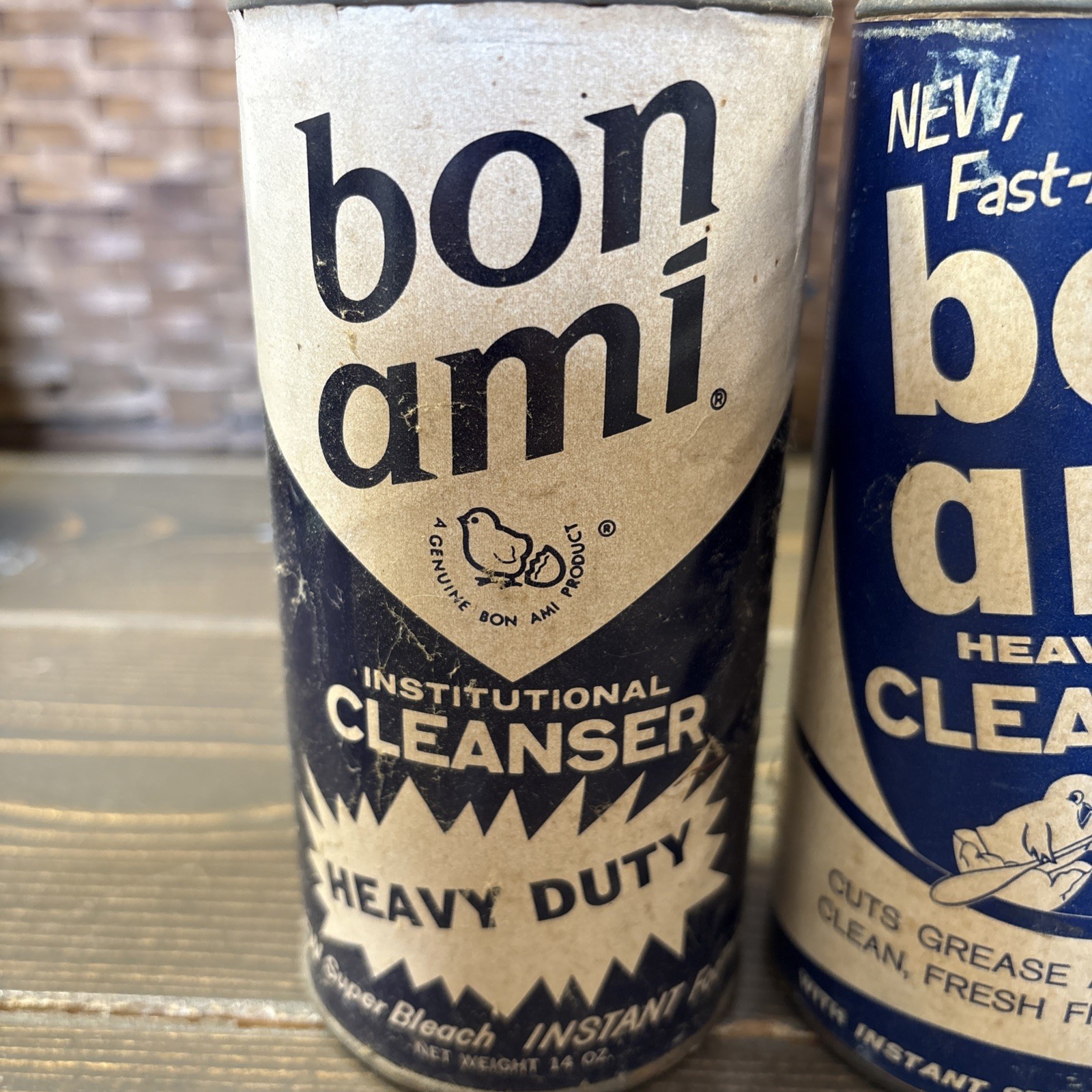 2- 1950s Bon Ami Cleanser Cans Institutional Cleanser Blue Advert Vintage FULL