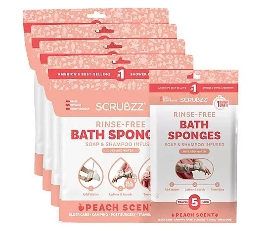 SCRUBZZ 105 Rinse Free Bath Sponges Disposable No Rinse Shower Wipes PEACH SCENT