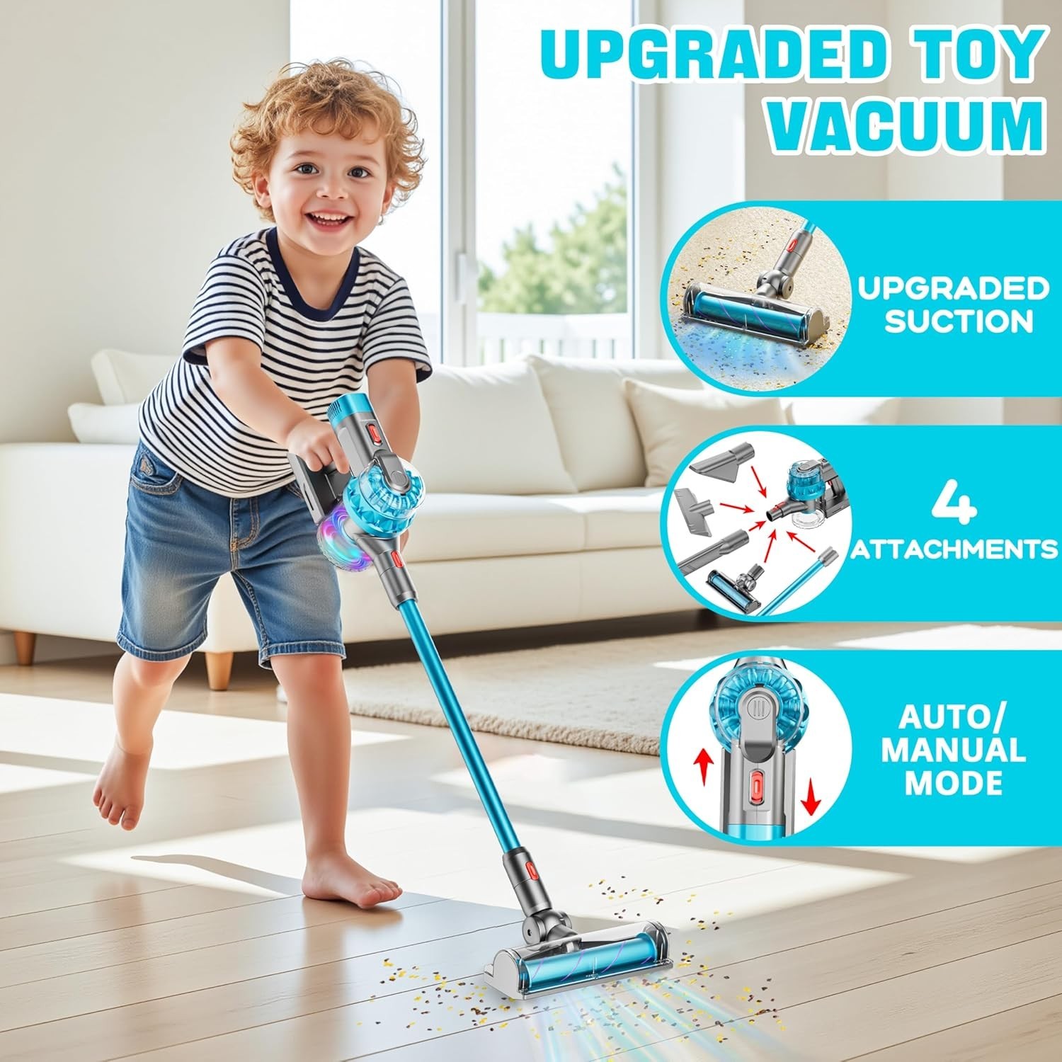 Kids Toy Vacuum Cleaner 4-in-1 Suction Sound Lights Toddler Playset for Children