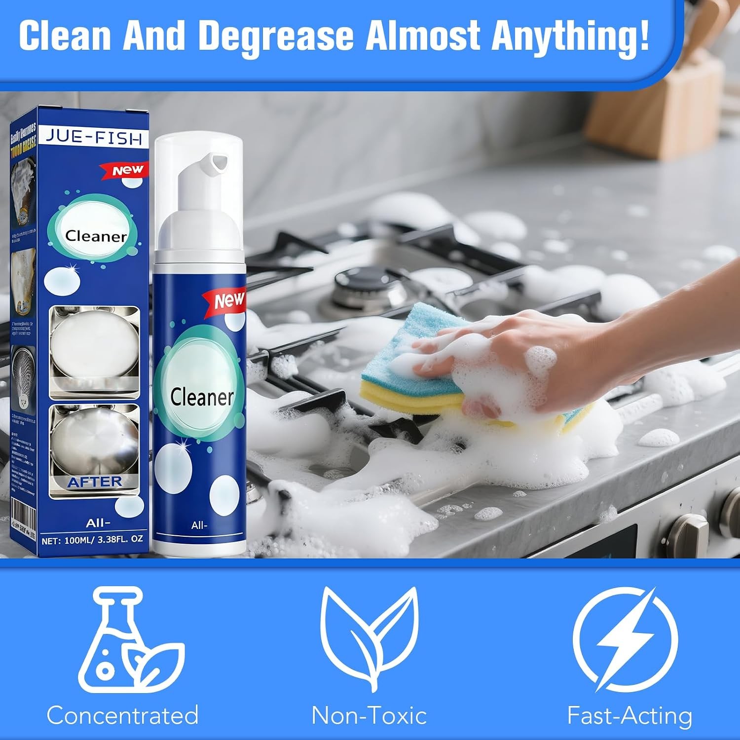 2 Pack Foaming Heavy Oil Stain Remover Rinse Free Kitchen Grease Cleaner Spray