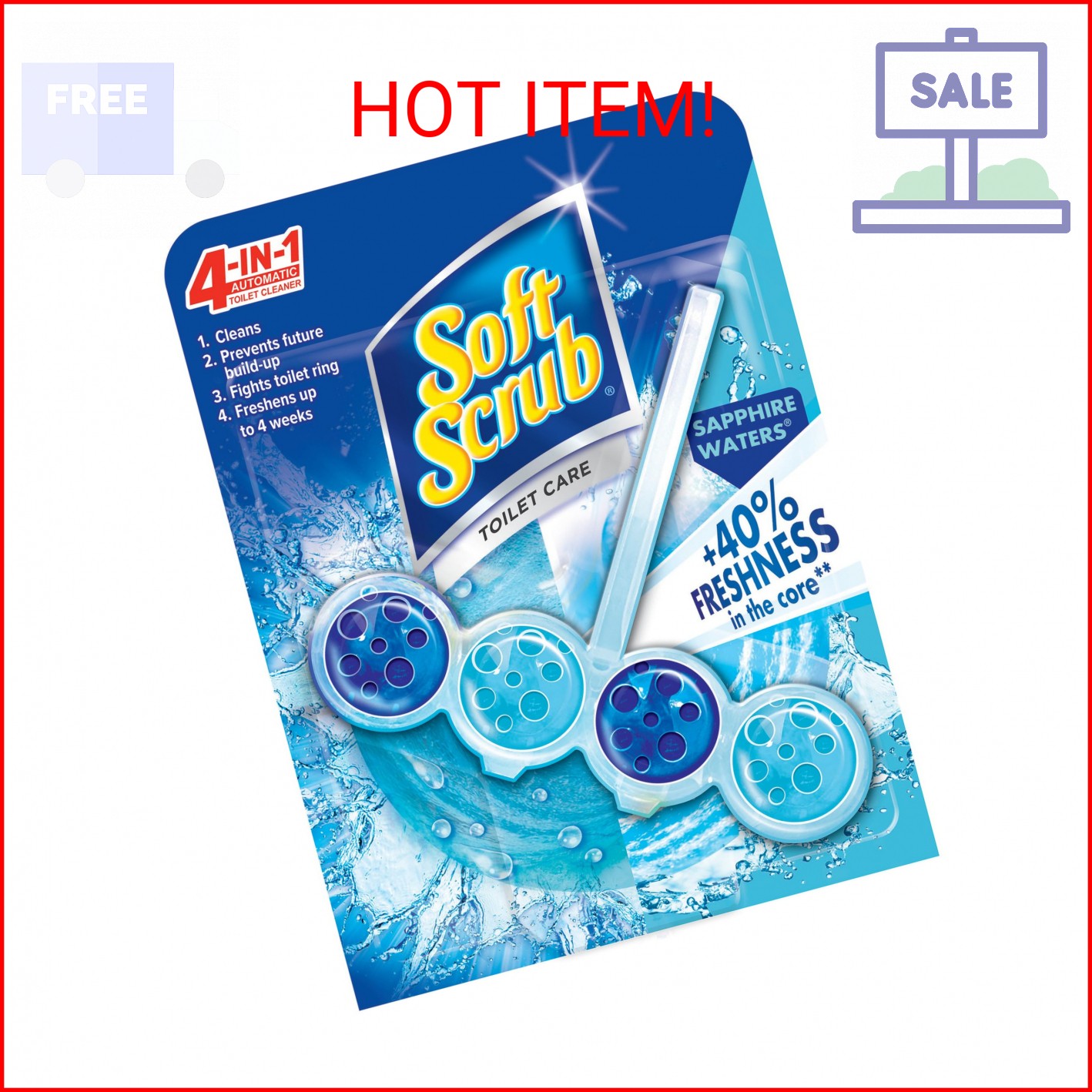 Soft Scrub 4-in-1 Rim Hanger Toilet Bowl Cleaner, Sapphire Waters, 6 Count