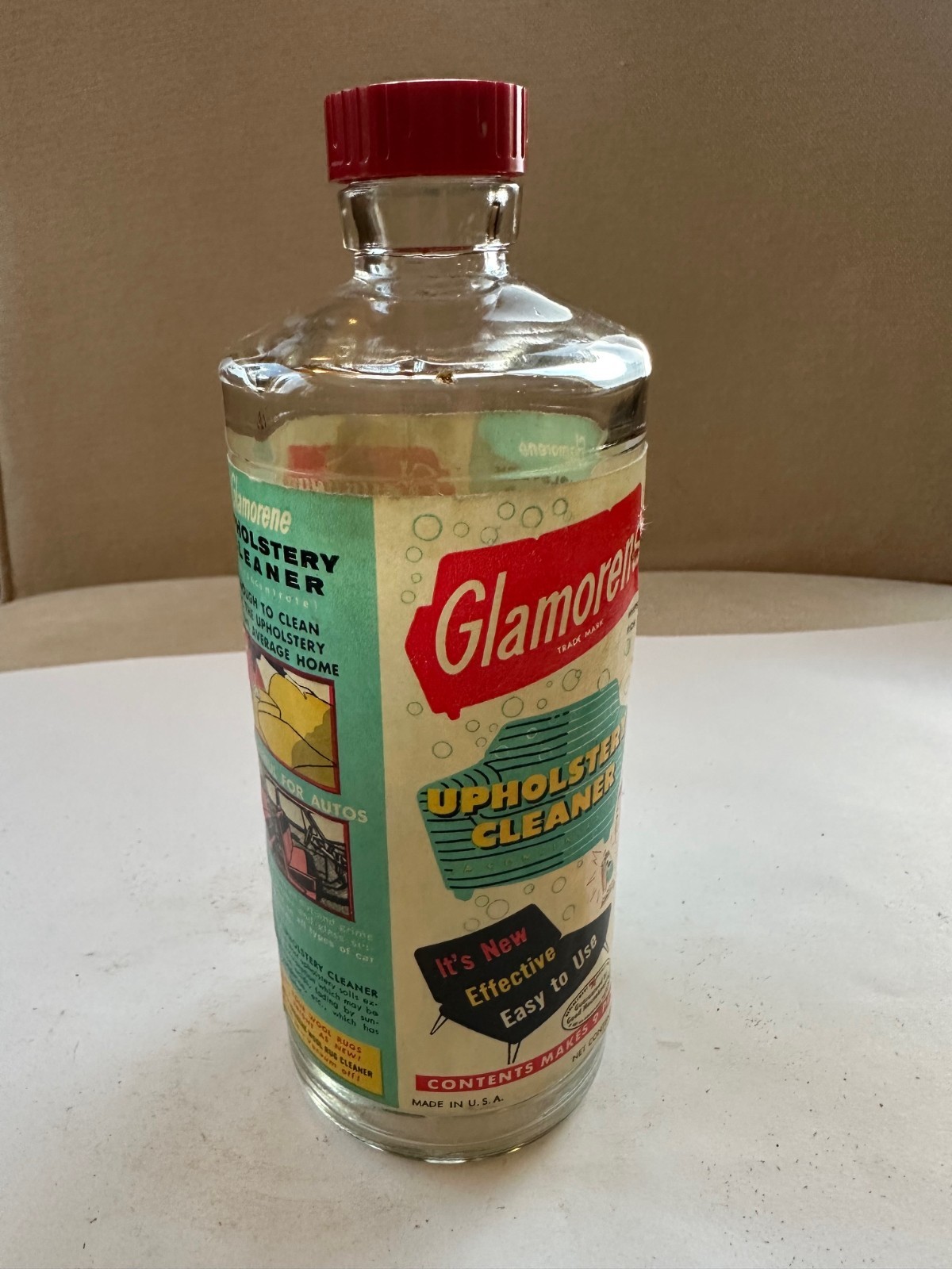Vintage Glamorene Upholstery Cleaner One Pint Bottle With Lid. No contents.