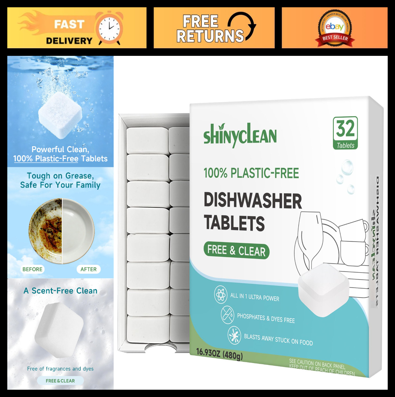 Plastic-Free Dishwasher Tablets 32 Count | All-in-One Pods, Enzyme-Powered, Phos