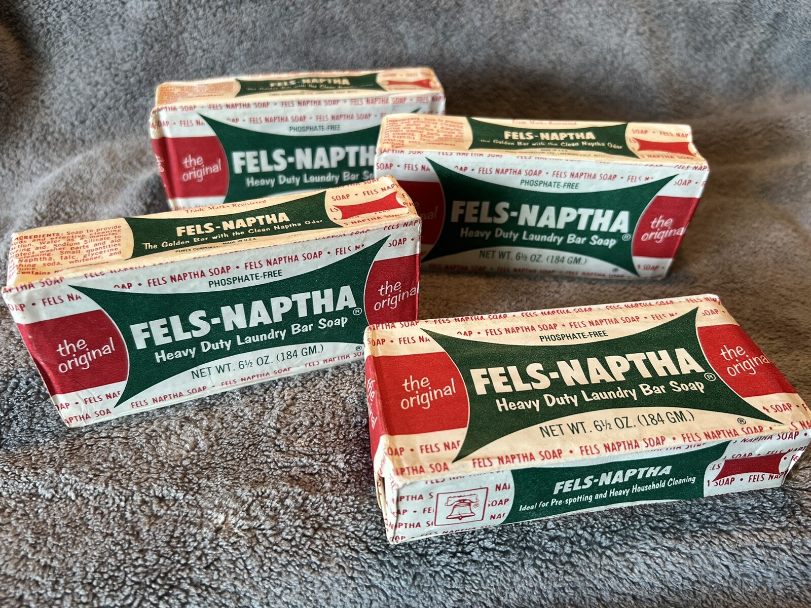 Vintage Fels Naptha Laundry Cleaning Bar LOT 4 / 6.5 Oz Ea / Paper Wrapper / NOS