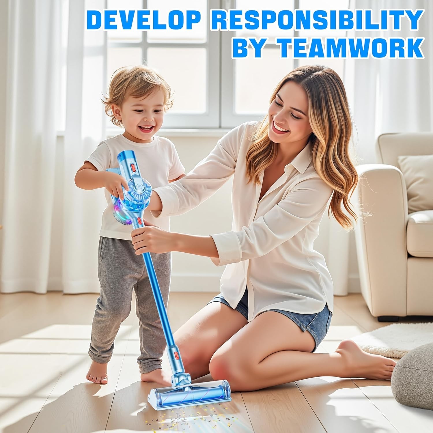 Kids Toy Vacuum Cleaner with Suction Lights and Sound 4-in-1 Cleaning Set for