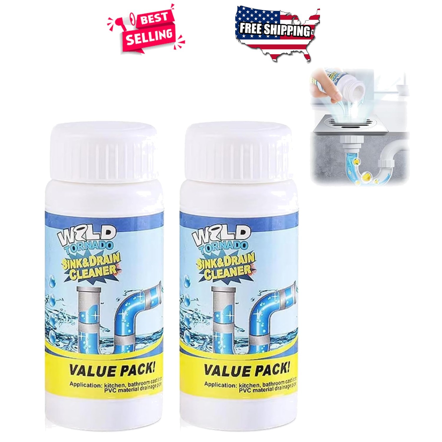 Sink and Drain Cleaner Powder 2 Pack Dissolves Hair Grease Food Clogs Odor Free