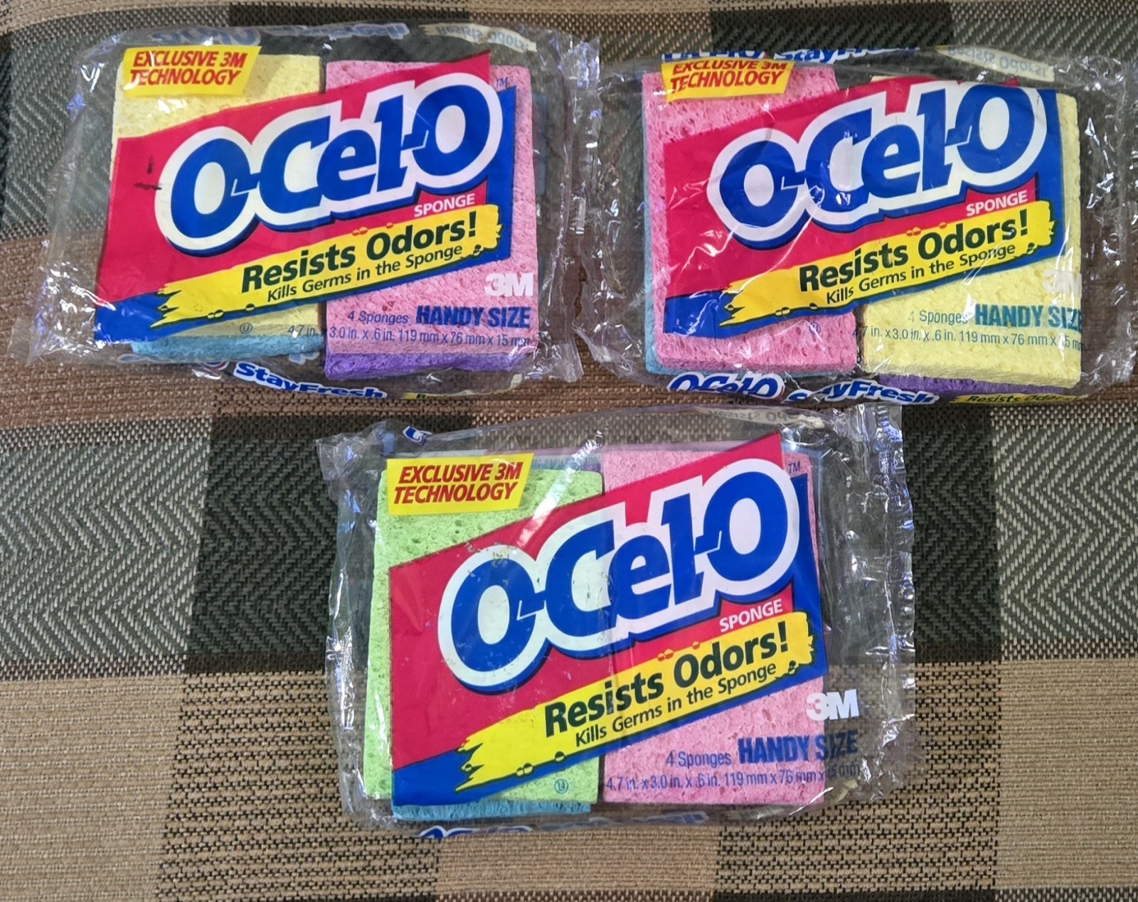 Lot of 3 Vintage 1994 O-CEL-O 3M Handy Size Sponges (Total of 12) Made in USA