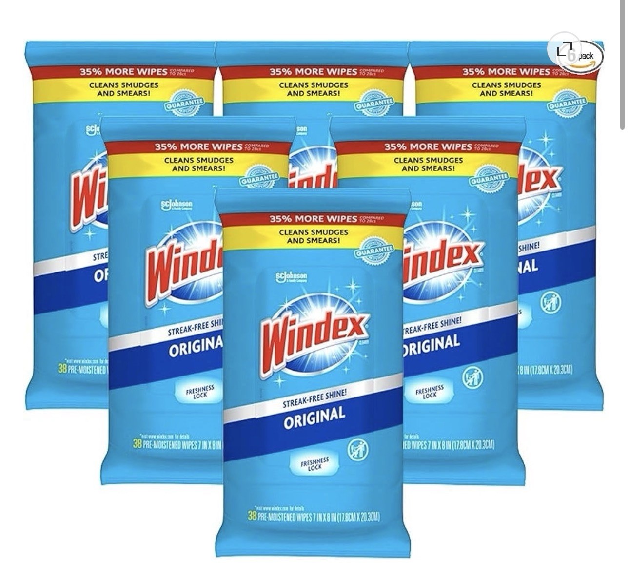 Windex Glass and Surface Pre-Moistened Wipes, Original, 38 Count (Pack of 6)