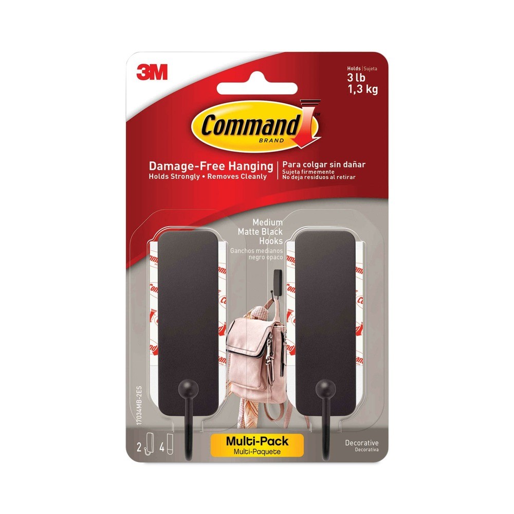 Command 17034MB2ES Plastic Decorative Hooks – Medium Matte Black (2/PK) ZNew