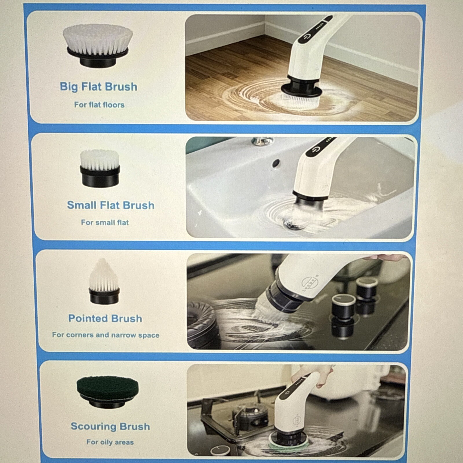 Leebein Electric Spin Scrubber, Cordless Cleaning with 8 Replaceable Brushes NEW