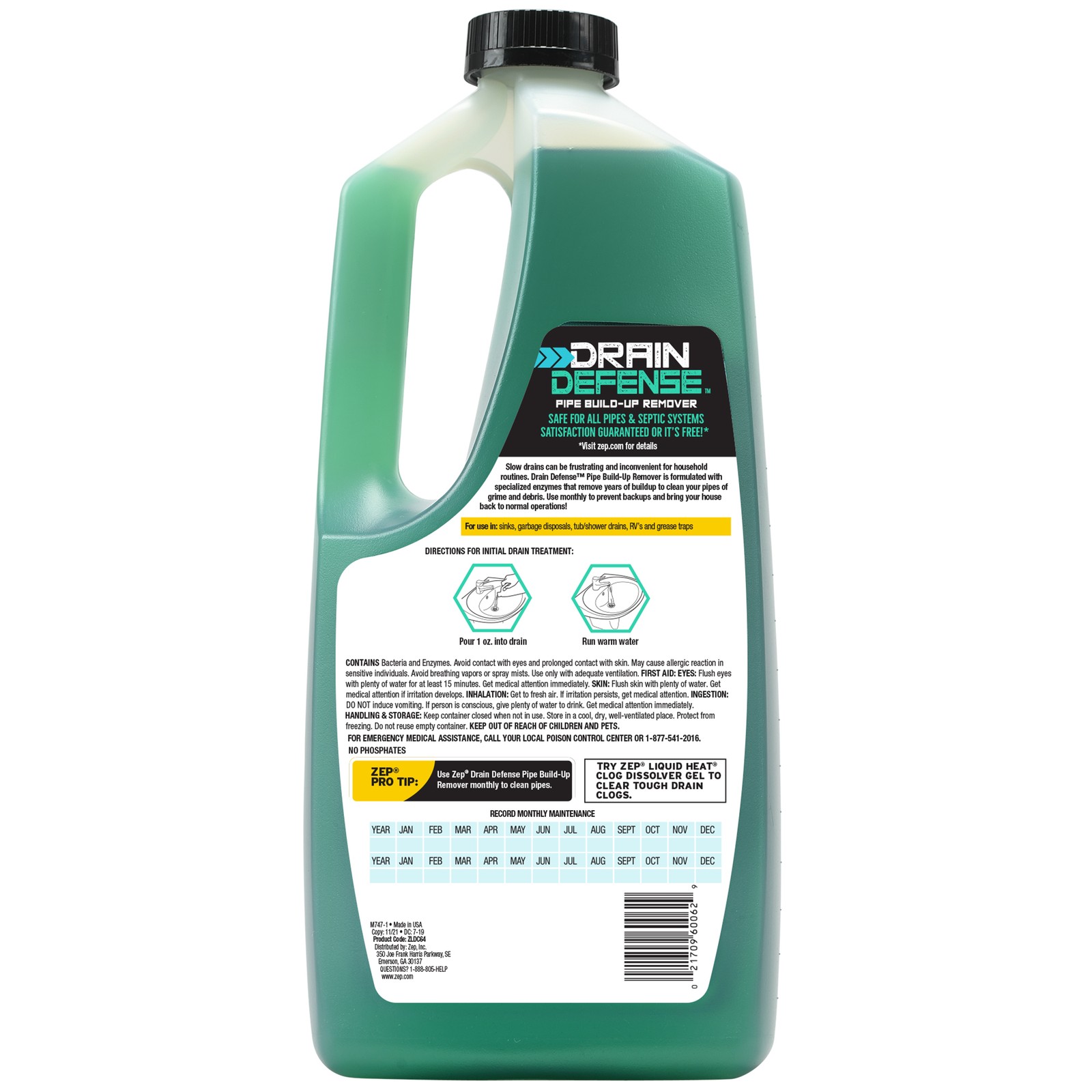 Zep Drain Defense Pipe Build-Up Remover – 64 oz (Case of 4) ZLDC64