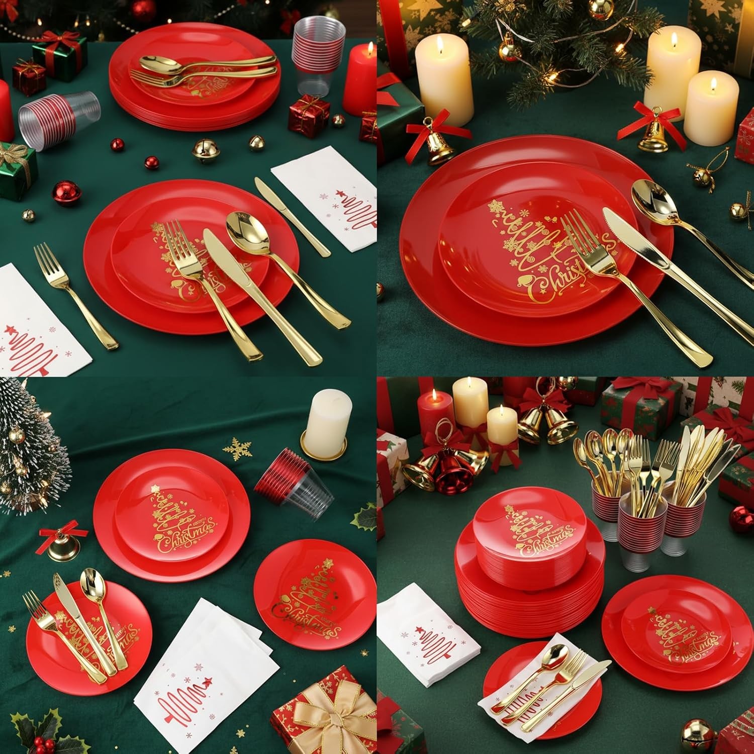 Shellwei Christmas Plastic Dinnerware Set, Xmas Disposable Plates Includes 40