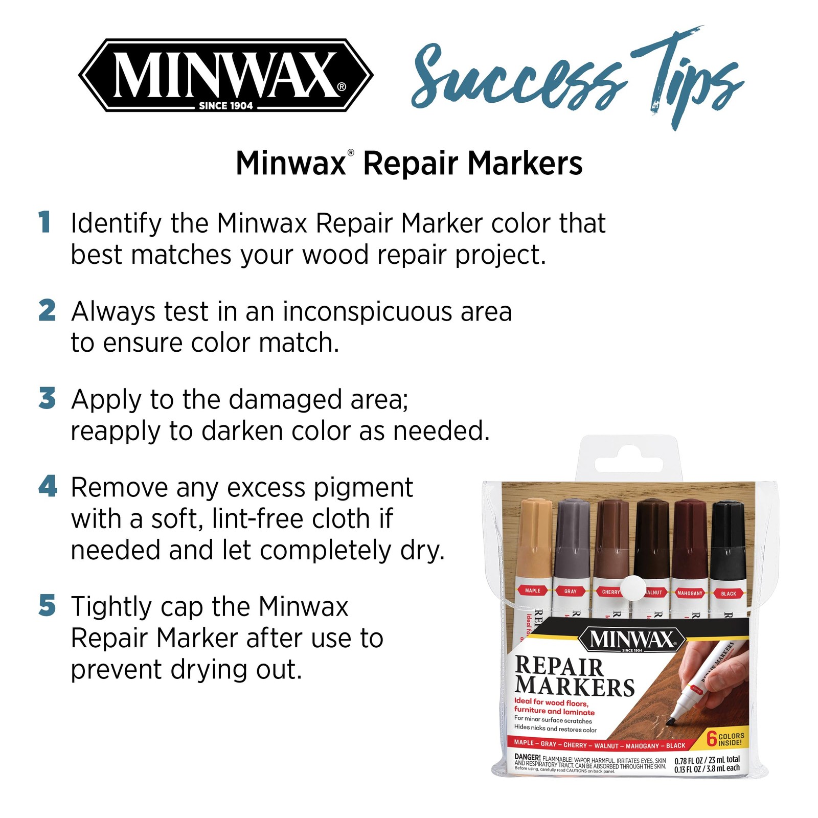 Minwax Repair Markers .78 fl. oz. total / .13 each, Assorted