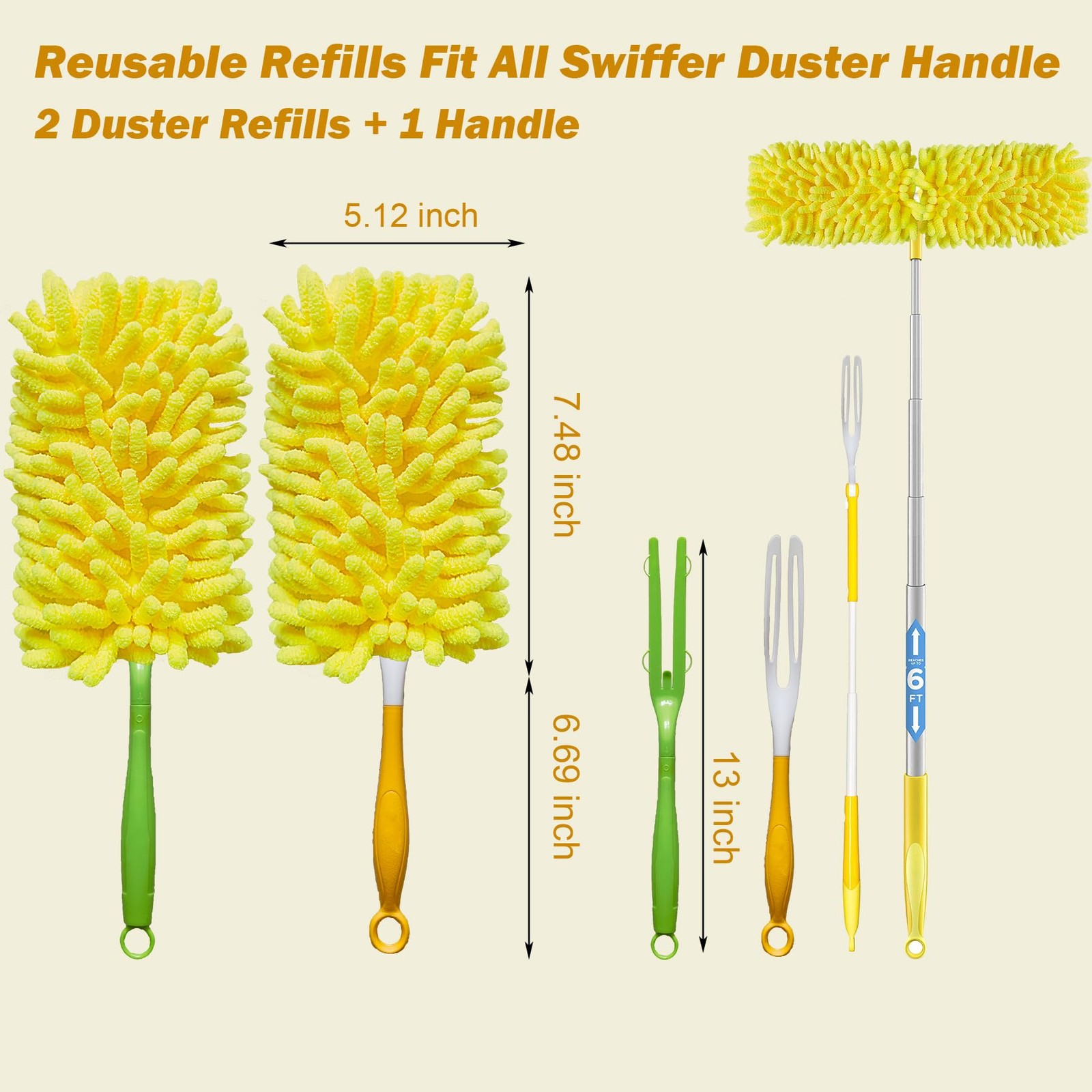 Reusable Duster for Swiffer, 2 Refills +1 Handle, 360 Heavy Duty Duster Refill