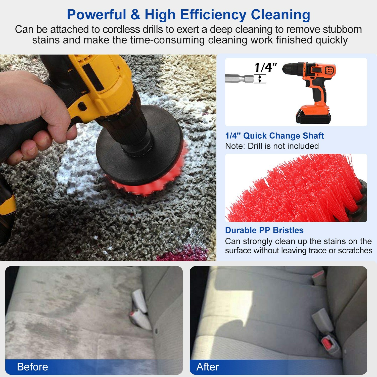 3Pc Tile Grout Drill Brush Power Scrub Cleaning Tub Cleaner Attachment Kit 3Size