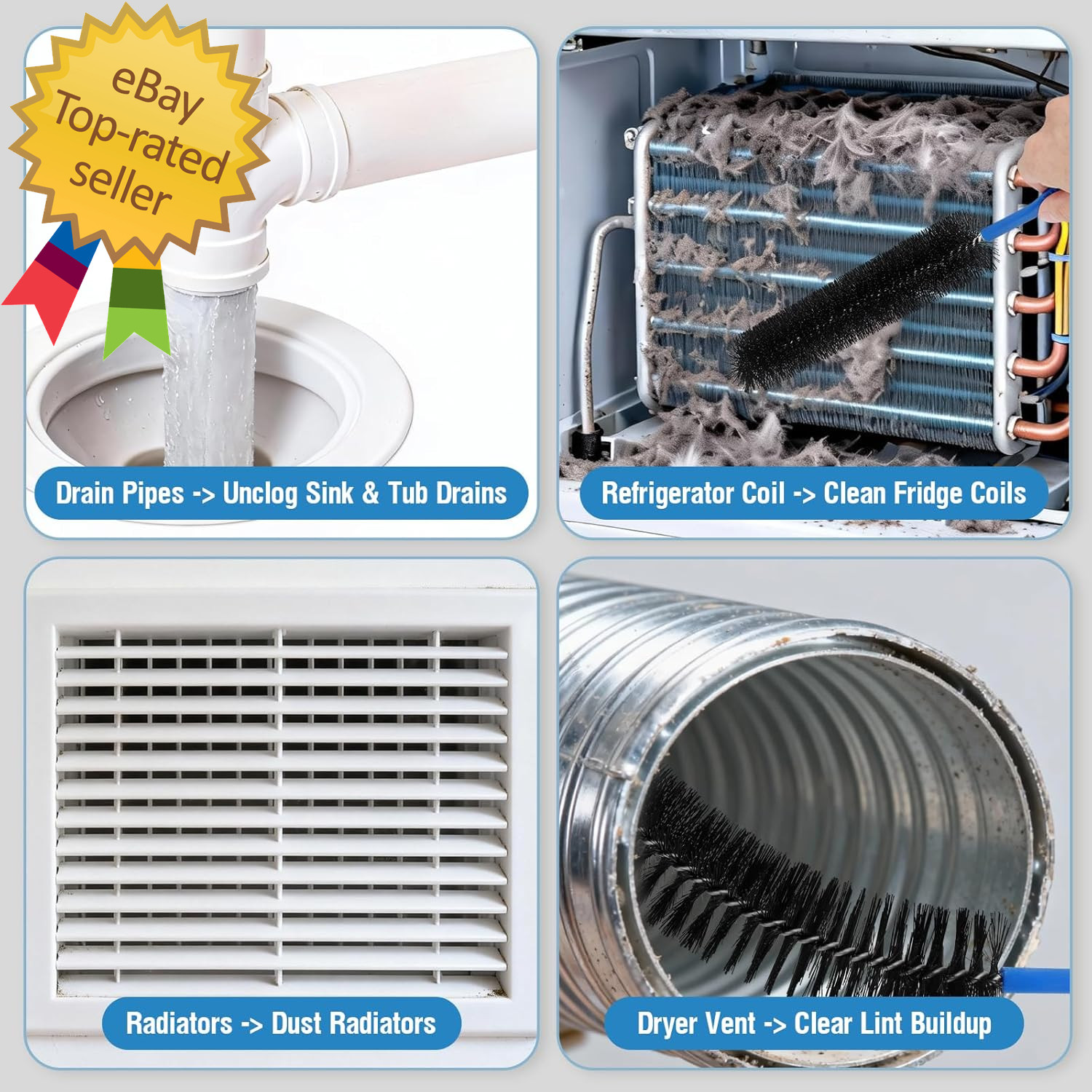 3PCS Drain Brush Set with Refrigerator Coil Cleaning Brush, Multi-Use Drain Clea