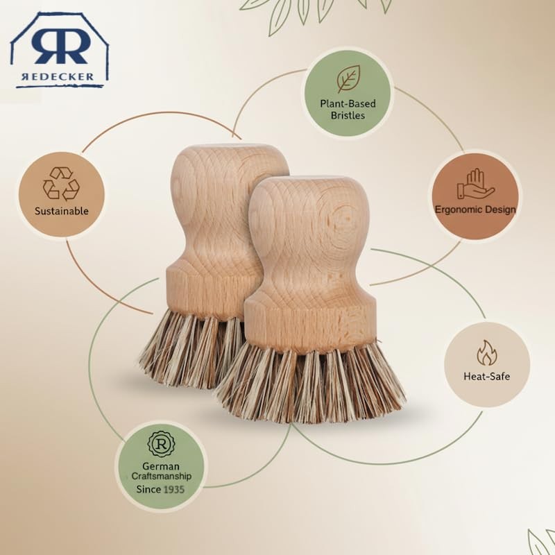 Redecker Pot Brush, Union Fiber, 2-Pack Heavy Duty Scrub Brushes for Pots, Ca…