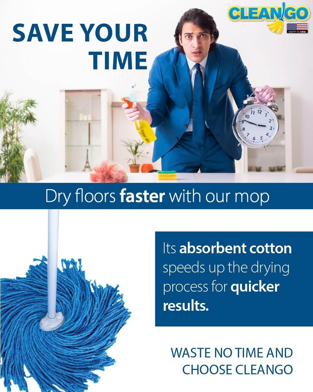 String Mop 100% Cotton, 43″ Handle, Blue, Floor Cleaning with Scrubber, Hand Mad