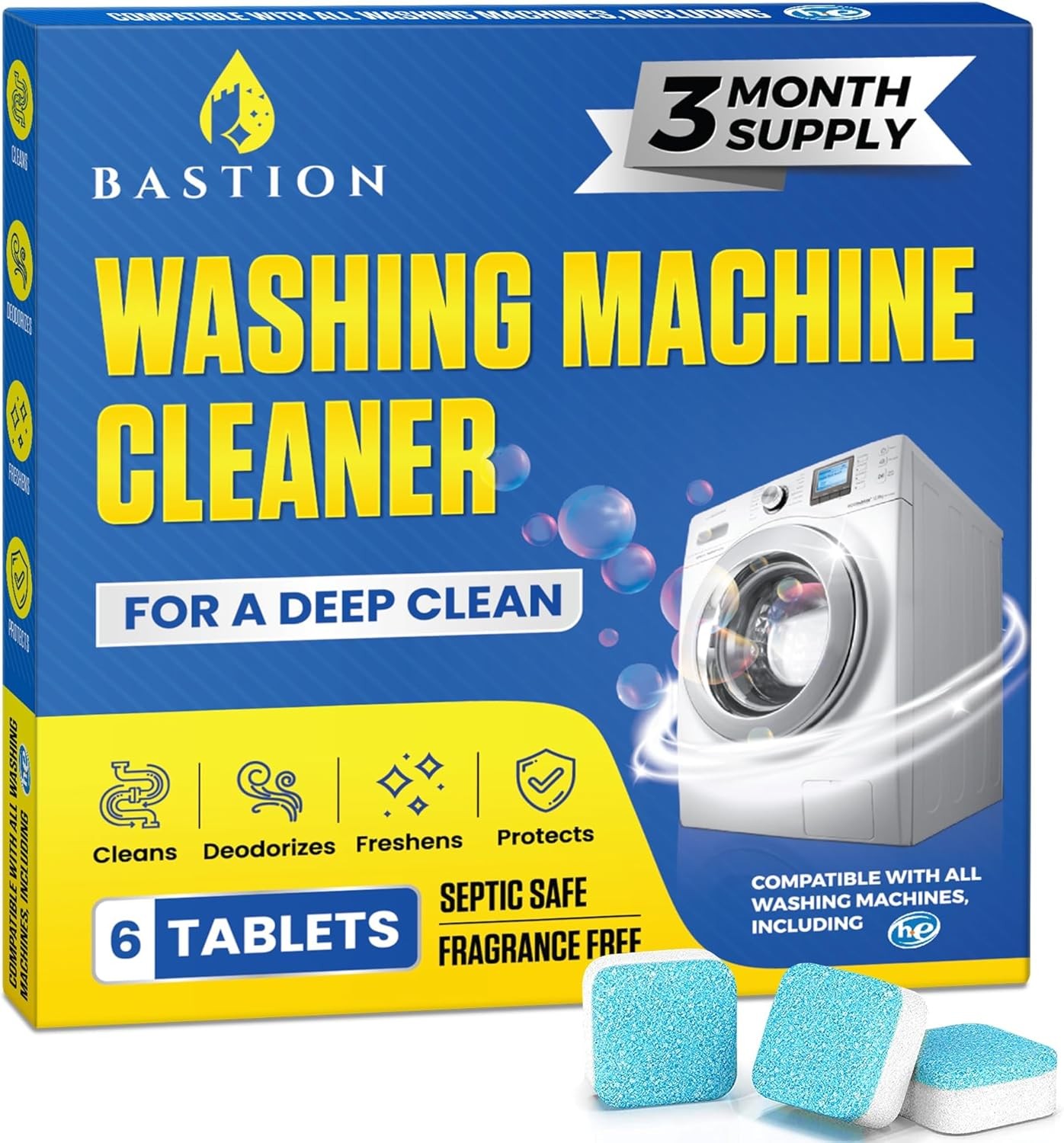 Bastion Washing Machine Cleaner, Deodorizer, & Descaler 6-Pack – Active Deep Cle