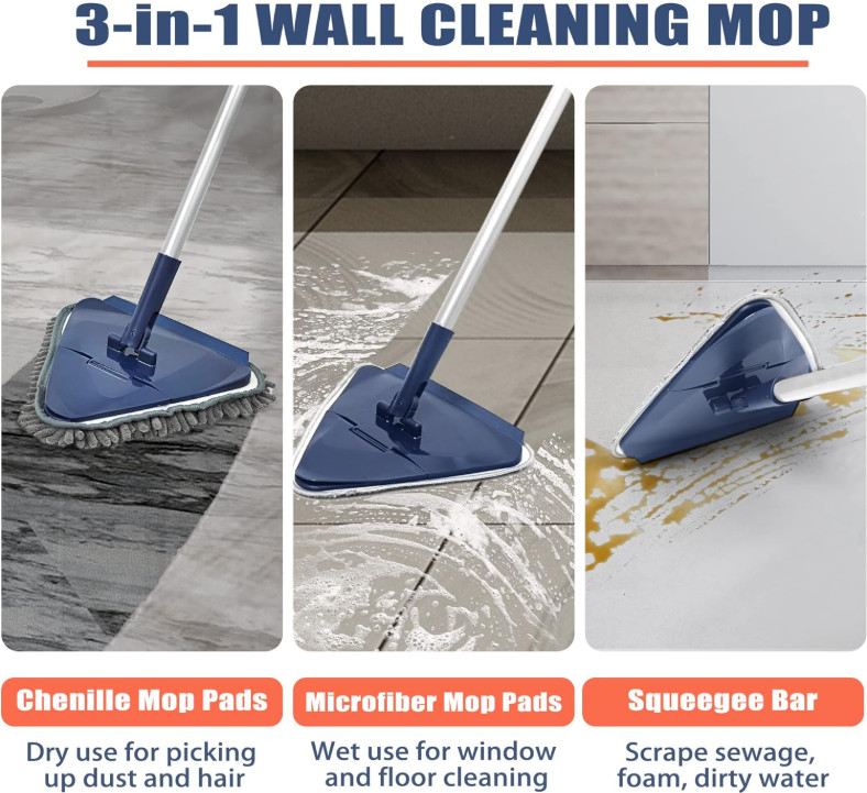 Mopa Limpiaparedes 3 en 1 con Mango 82” y 6 Almohadillas Microfibra