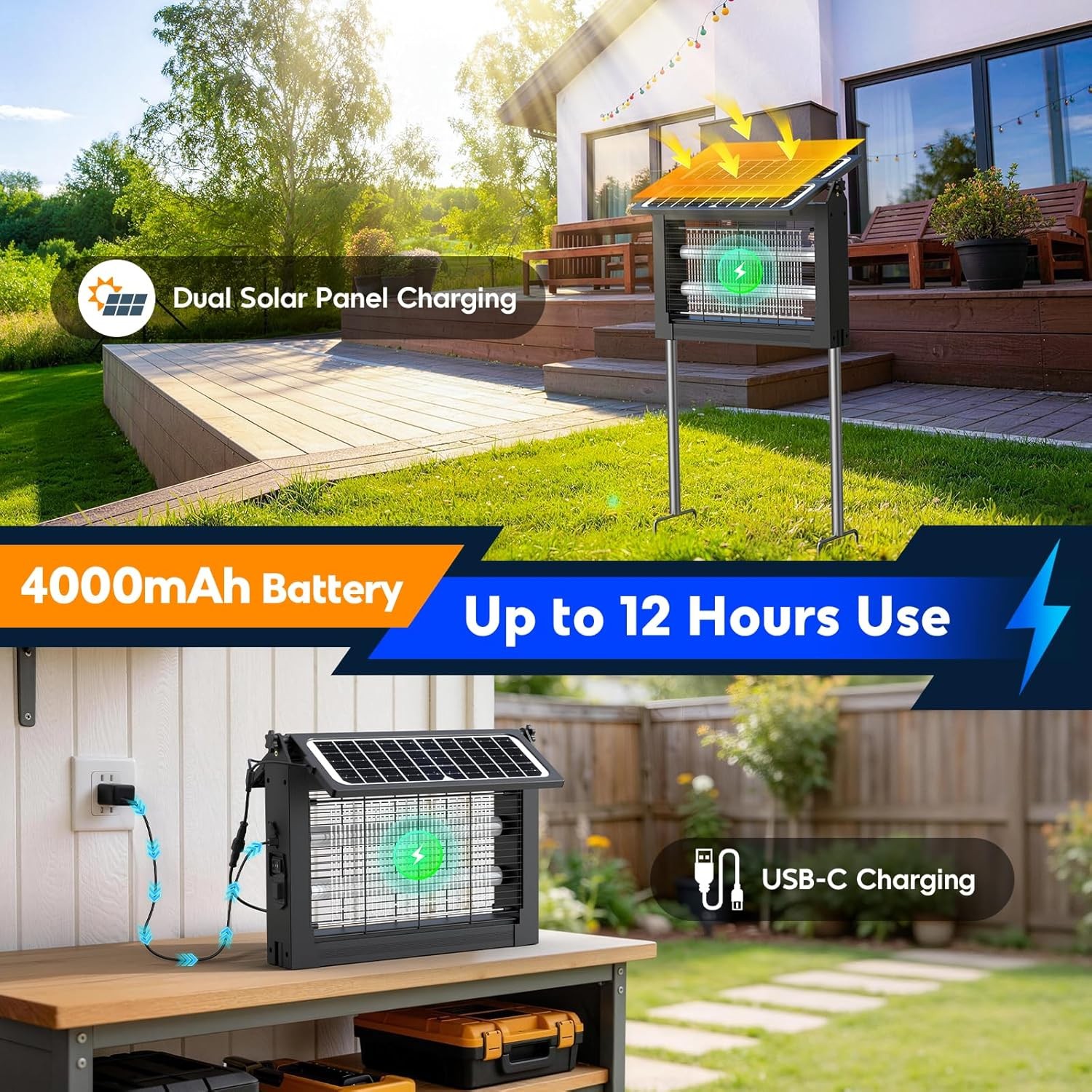 Solar Bug Zapper Outdoor, 4500V Electric Mosquito Zapper with Dual Solar Panel