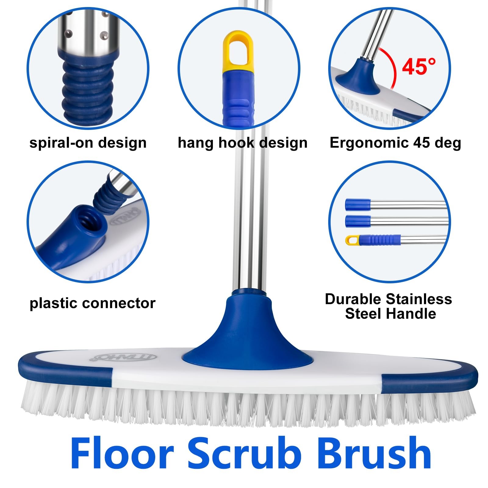 ITTAHO Floor Scrub Brush with Long Handle 53″ Deck & Grout Cleaner Brush Set…