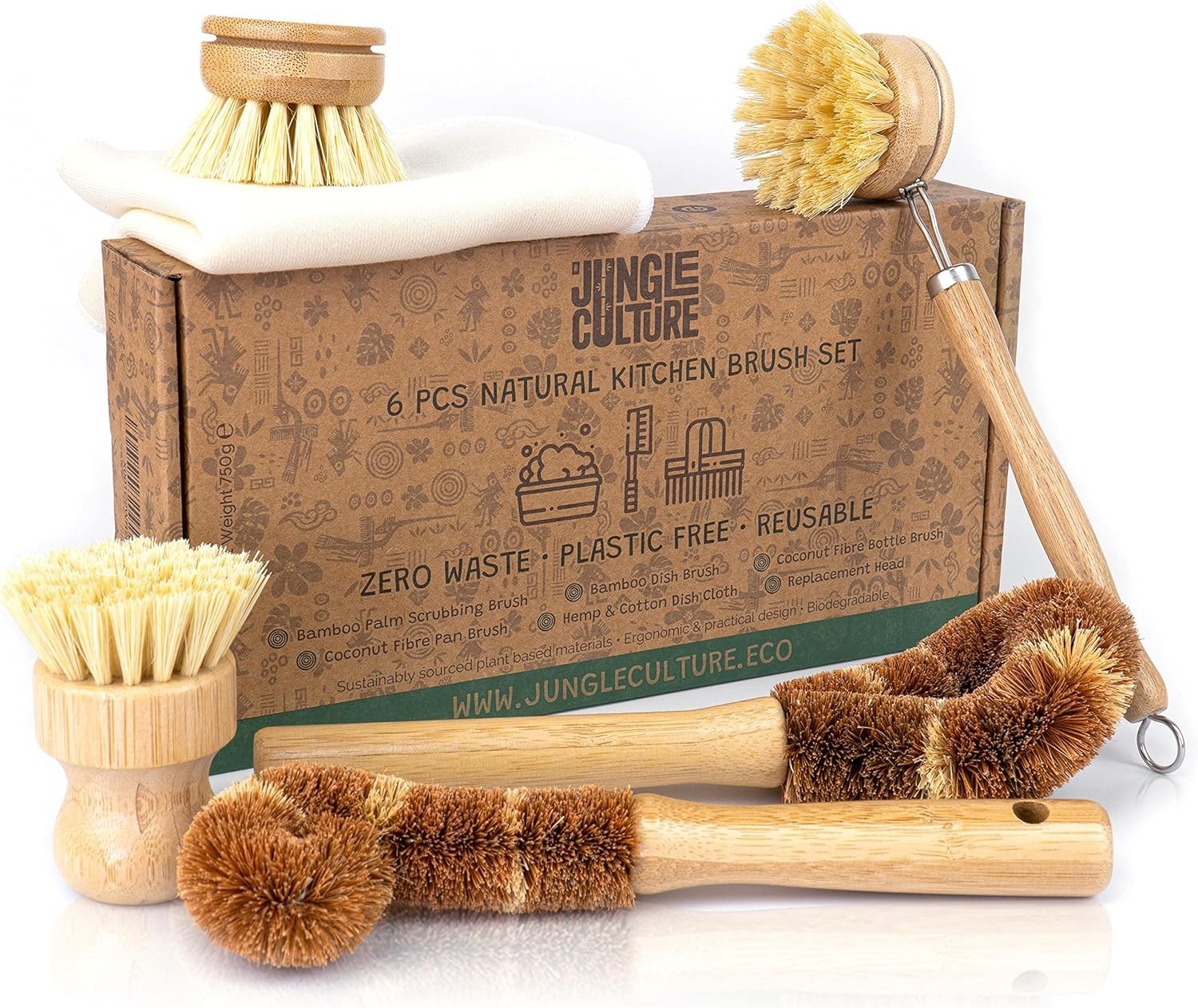 Natural Bamboo and Coconut Dish Brush Set – 6 Versatile Kitchen Cleaning Tools