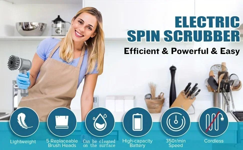 Electric Spin Scrubber Cordless Power Cleaning Brush 5 Replaceable Heads