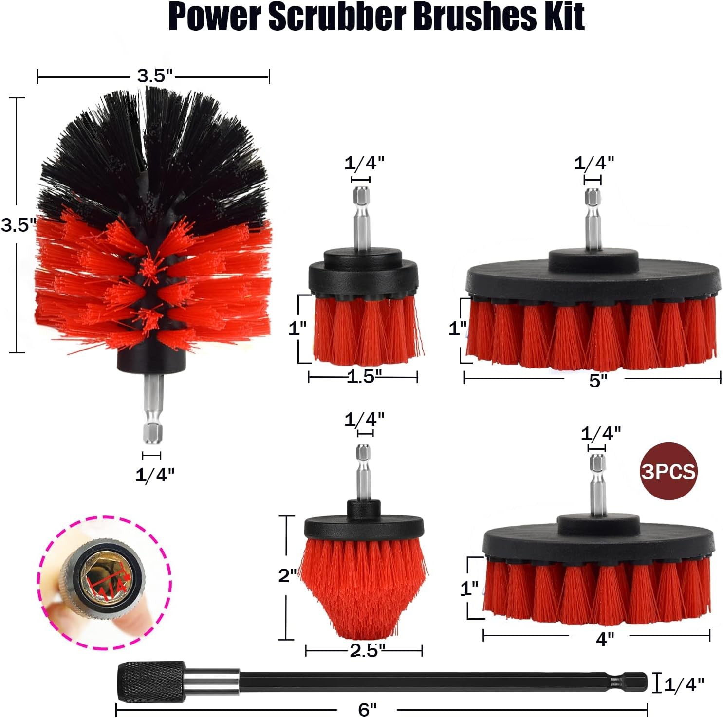 Drill Brush Attachment Set, 7 Pack 1/4in Power Scrubber Brush + Extend Long R…