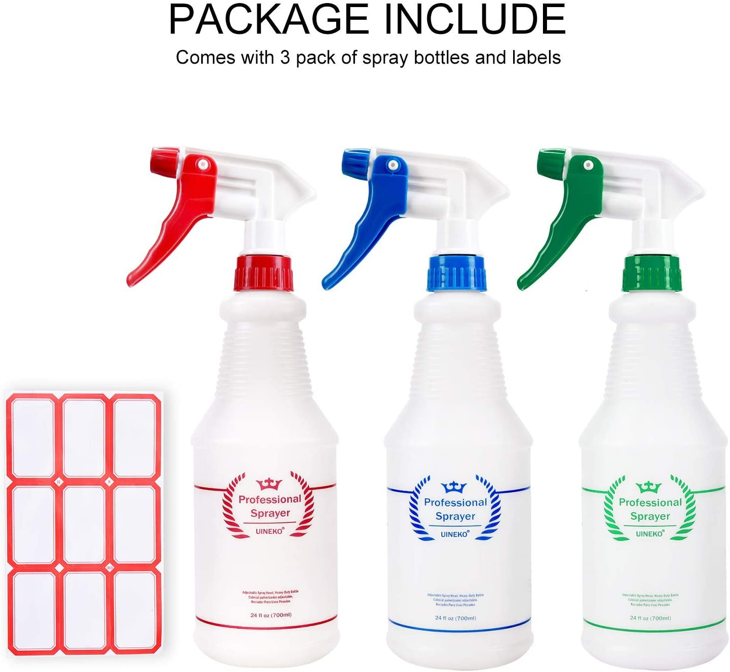 Professional Plastic Spray Bottle Leak Proof with Adjustable Nozzle 24 Oz 3 Pack