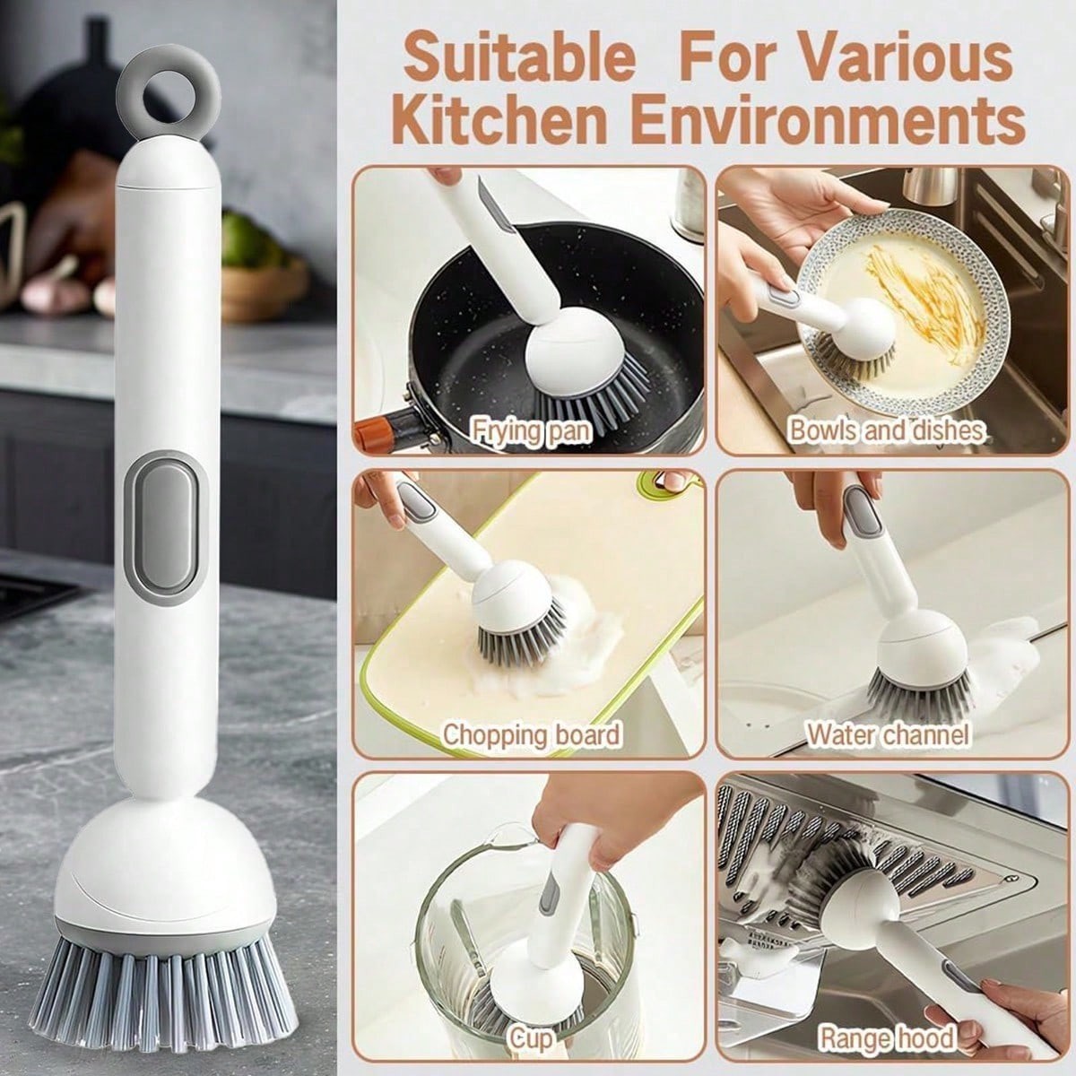 Dish Brush – Dish Brush with Detergent Dispenser – Adjustable Angle & Rotating