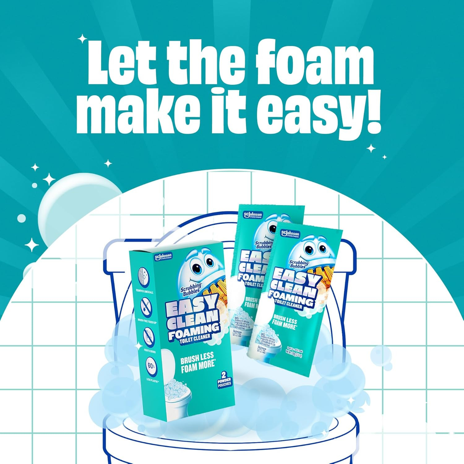 Easy Clean Foaming Toilet Bowl Cleaner, Easy Drop in Powder Pouches, 100G (2 …