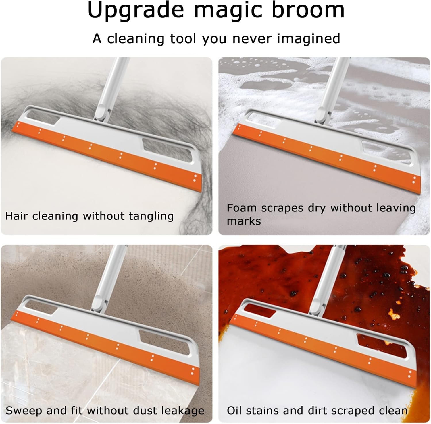 Magic Broom 4-in-1 Silicone Floor Squeegee with 56″ Handle – Effortless Cleaning