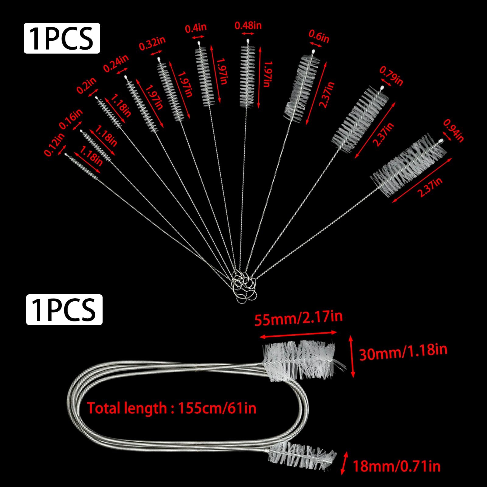 11 PCS Flexible Drain Brush, Straw Cleaner Brush Set, 61 Inch Double Ended Ny…