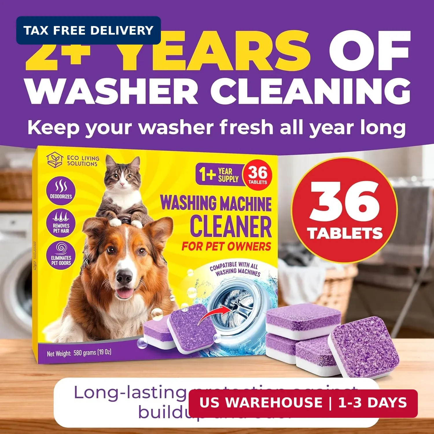 ECO LIVING SOLUTIONS Washing Machine Cleaner Tablets for Pet Owners, 36 Pack, Fr