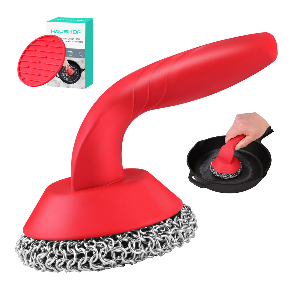 HAUSHOF Cast Iron Scrubber with Long Handle Kitchen Cleaning Kit for Grill Dutch