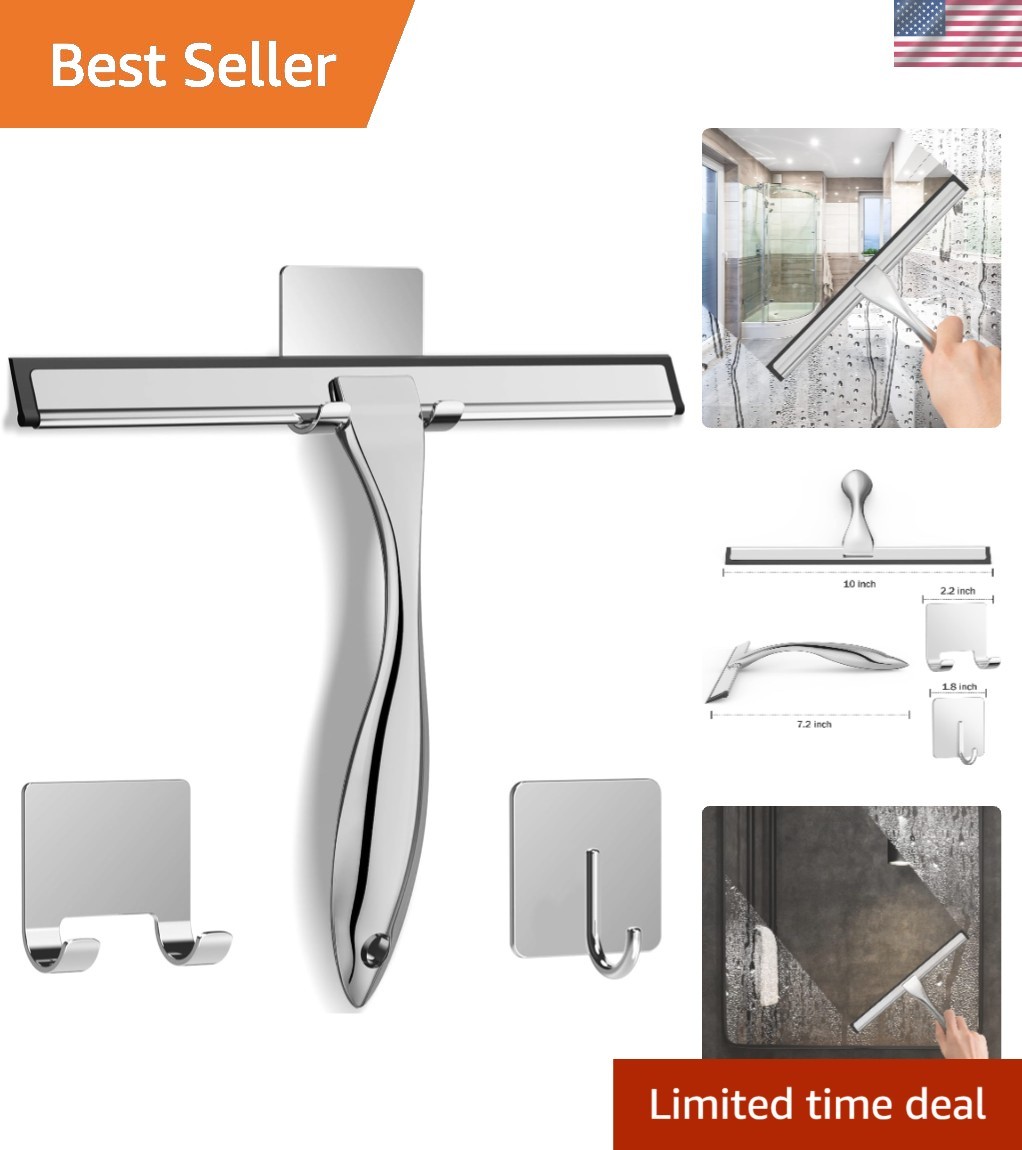 Stylish 10-Inch Shower Squeegee with Adhesive Hooks – Rust-Free & Efficient