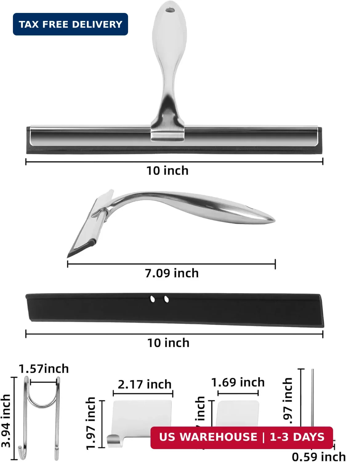 All-Purpose Stainless Steel Shower Squeegee Come with S Hook, 2 Square Sticky Ho