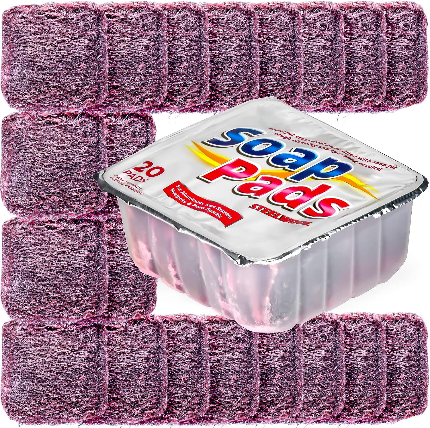 20 Pack Steel Wool Soap Pads, Pre-Soaped Metal Scouring Pads for Easy Cleaning o