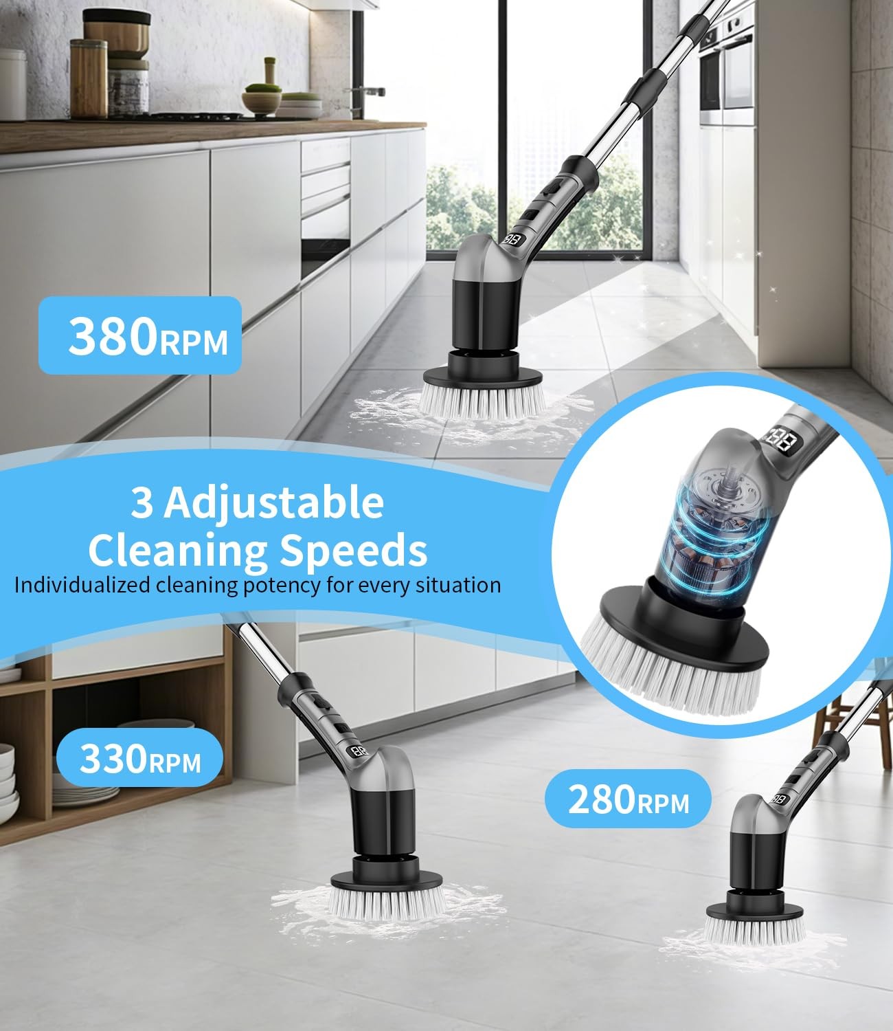 Electric Spin Scrubber with 3 Speed, Adjustable Extension Handle, 8 Brush Hea…