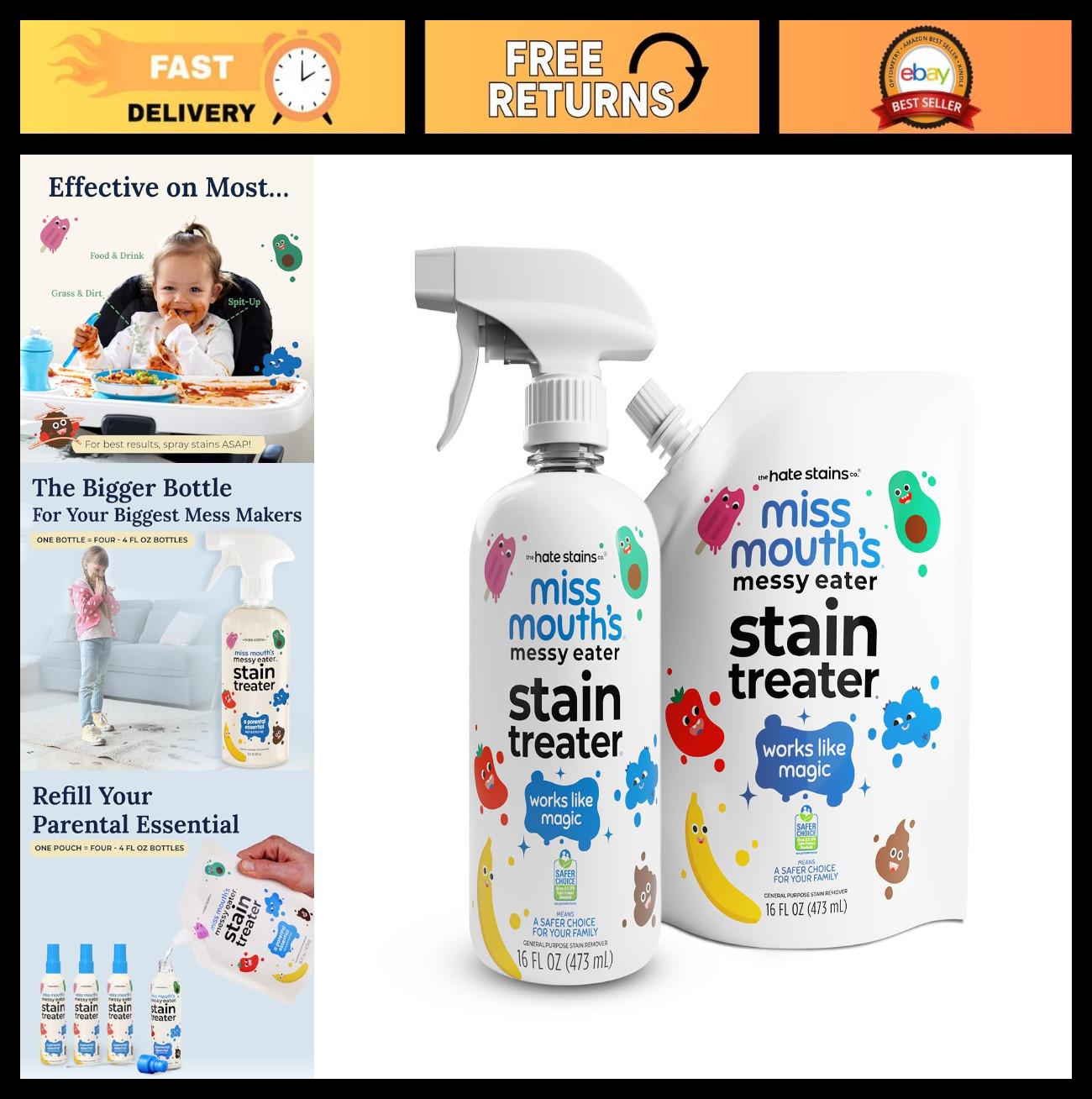Messy Eater Stain Remover Spray & Refill Pouch – 16oz Each, Tough on Stains